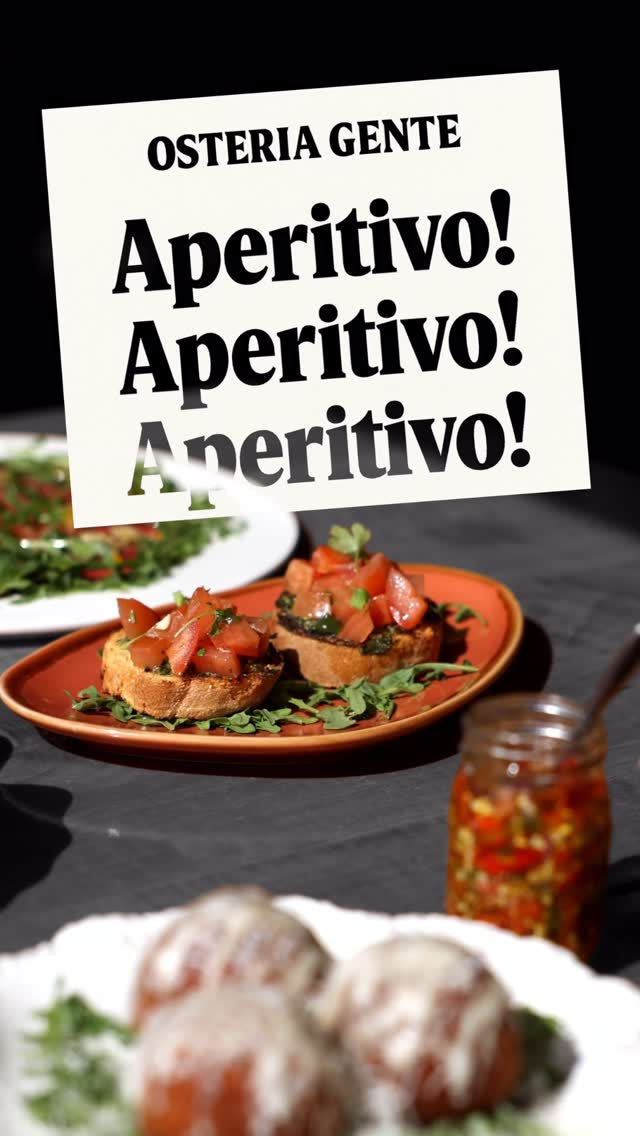 Aperitivo at Osteria Gente, every day from 12-6. Enjoy half-off appetizers and pair it with our featured spritzes! (Campari, Limoncello, Ape